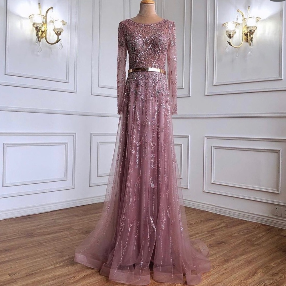 Pink Embellished Long Sleeve Maxi Dress